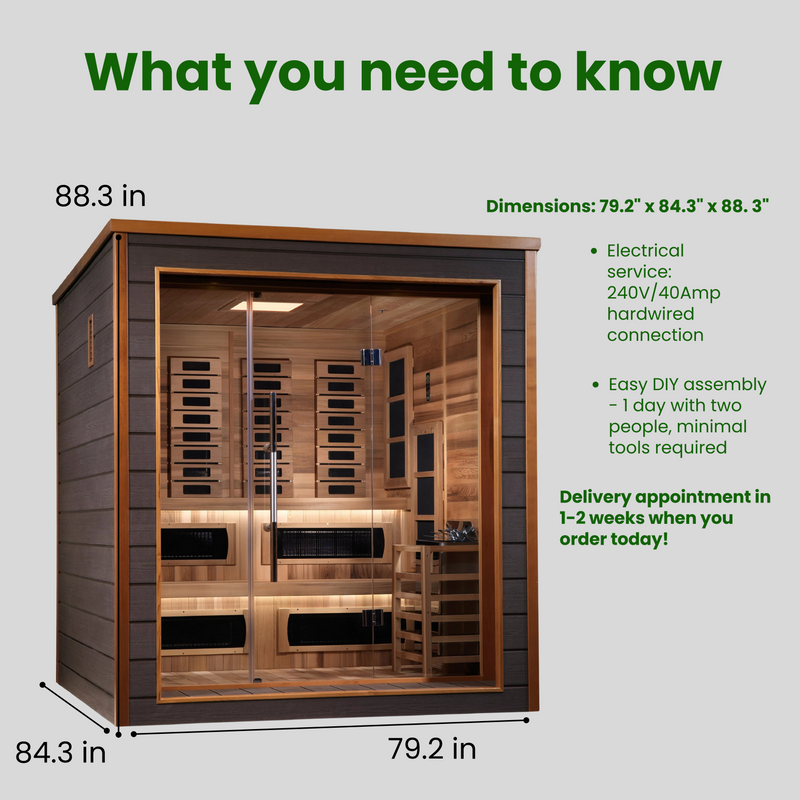 The Karlstad 6 Person Luxury Hybrid (Full Spectrum IR and Traditional) Sauna | Golden Designs