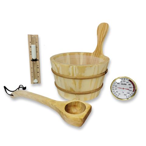 SaunaLife Rustic Bucket, Ladle, Timer and Thermometer | Sauna Accessory Package Sauna Life