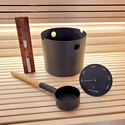 SaunaLife Bucket, Ladle, Timer and Thermometer | Sauna Accessory Package