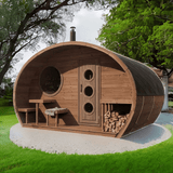 SaunaLife 8 Person Outdoor Barrel Sauna W/ Changing Room  | G11 Sauna Life